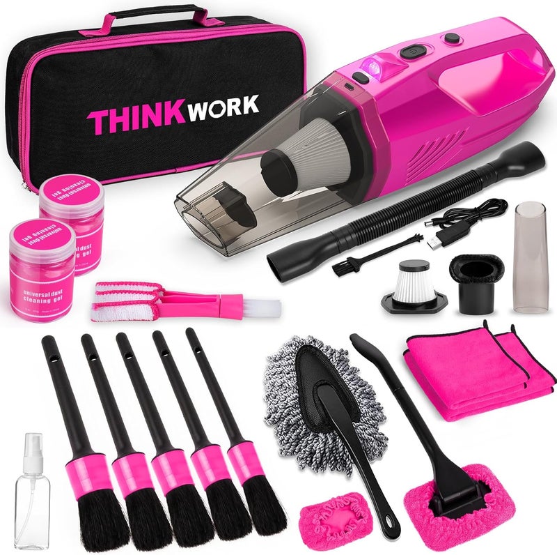 THINKWORK Car Detailing Kit Interior Cleaner, Car Cleaning Kit with 8000PA Cordless Pink Handheld Vacuum Cleaner, Car Interior Detailing Brush Set, Pink Car Accessories, Gift for Women - Image 1